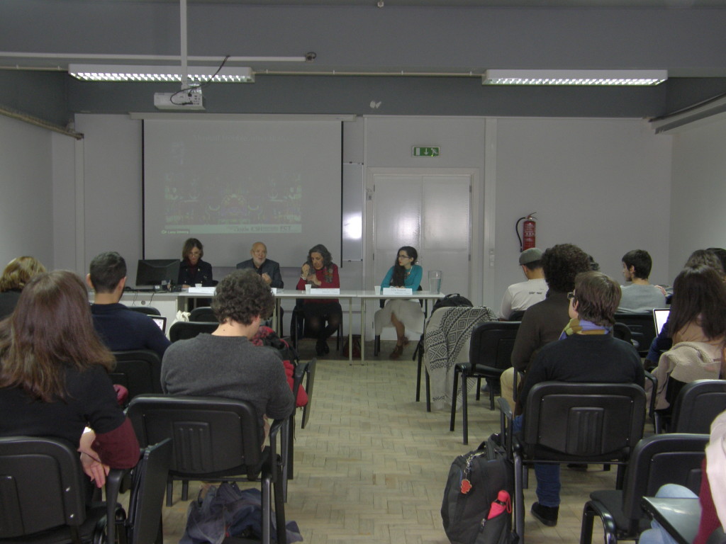 Sessão de abertura do colóquio com Paula Gomes Ribeiro, Mário Vieira de Carvalho,Zília Osório de Castro e Júlia Durand.