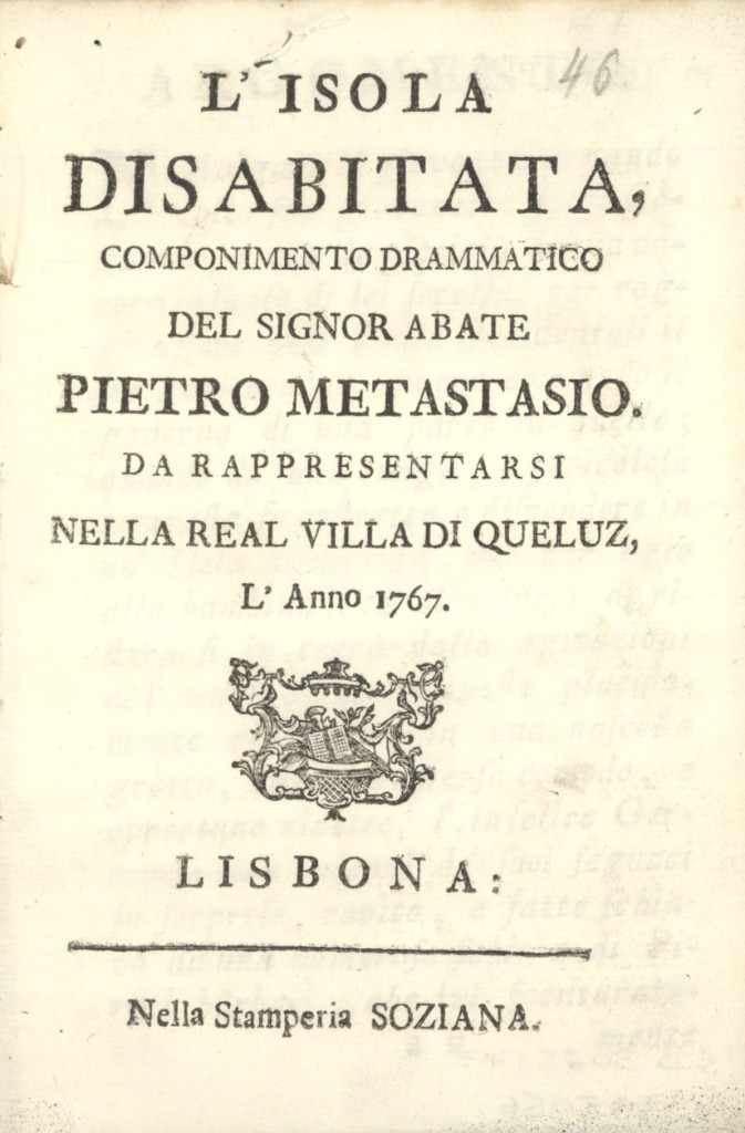 Frontispício do Libretto para a representação de  Queluz com música de David Perez (1767)